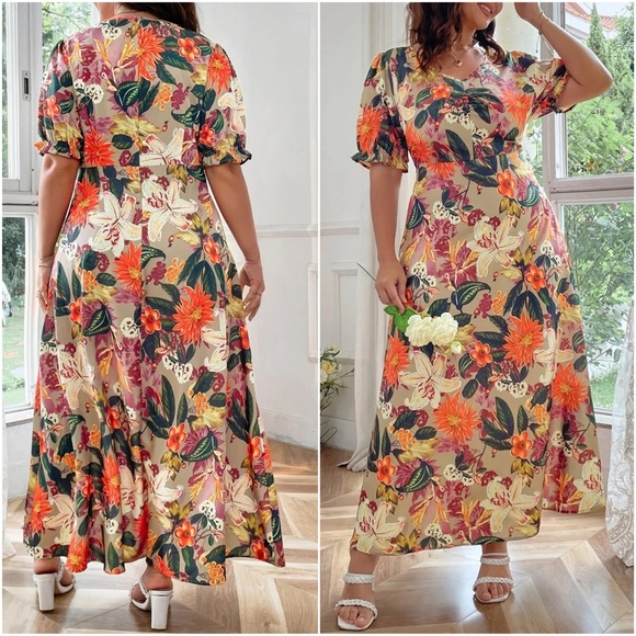 Plus Floral Print Puff Sleeve Maxi Dress - Picture 2 of 2